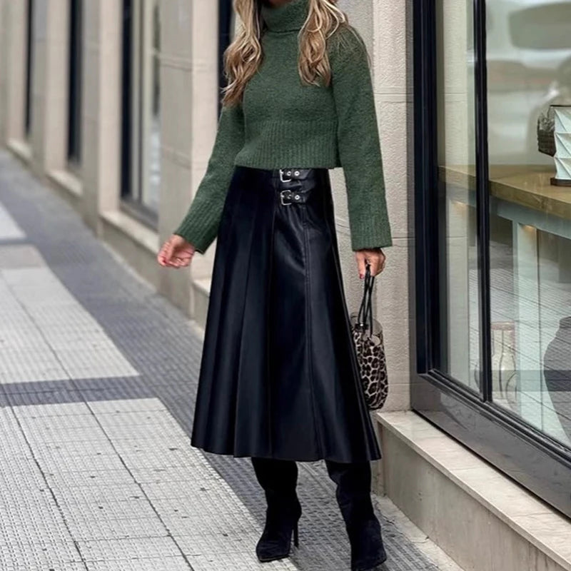 Women’s High-Waist PU Leather Side-Buckle Pleated Midi Skirt