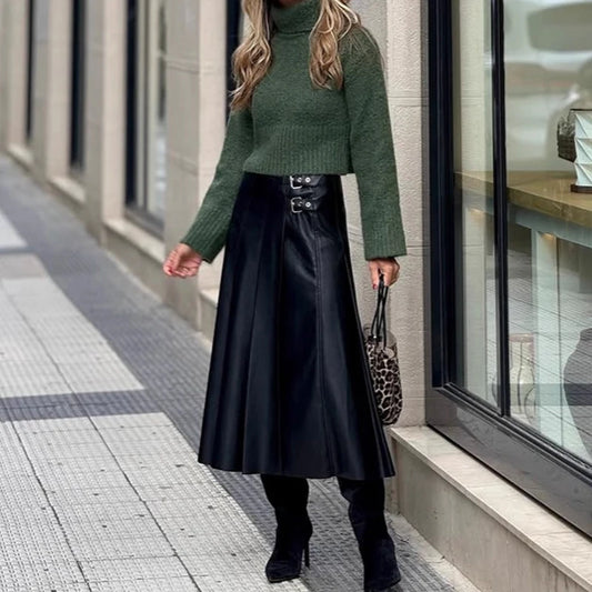 Women’s High-Waist PU Leather Side-Buckle Pleated Midi Skirt