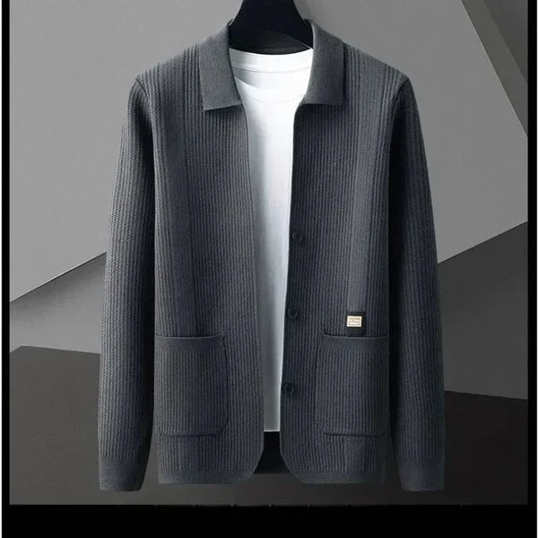 Men’s Textured Knit Cardigan with Polo Collar