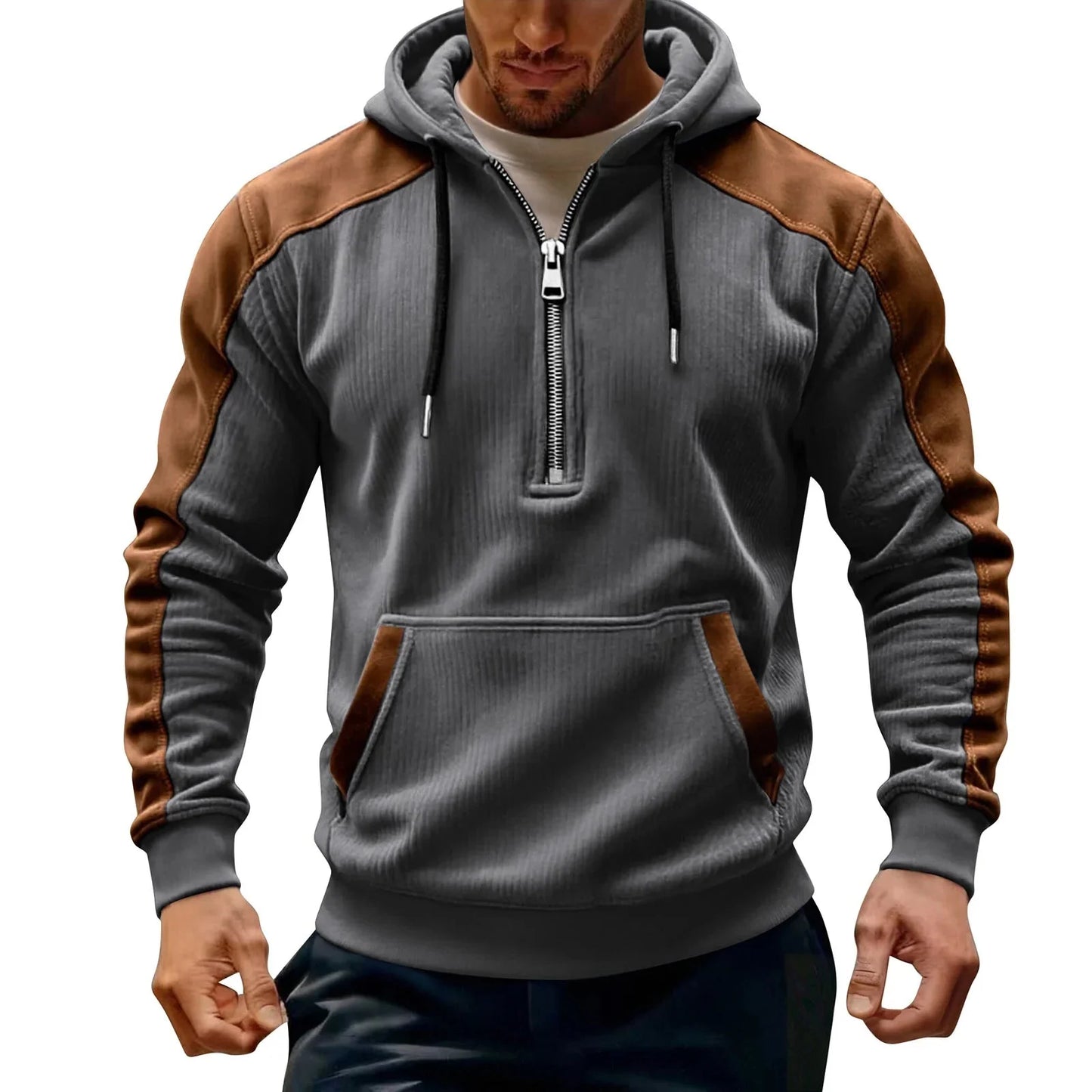 Men’s Half-Zip Contrast Panel Hooded Sweatshirt