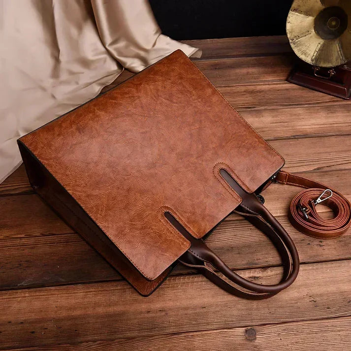 Vintage Oil-Finish Leather-Look Everyday Tote Bag