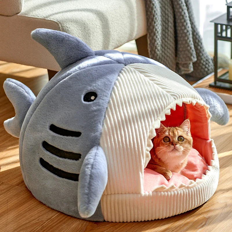 Shark Shaped Plush Cave Bed for Cats and Small Dogs