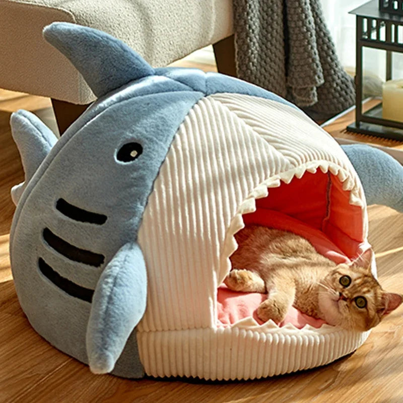 Shark Shaped Plush Cave Bed for Cats and Small Dogs