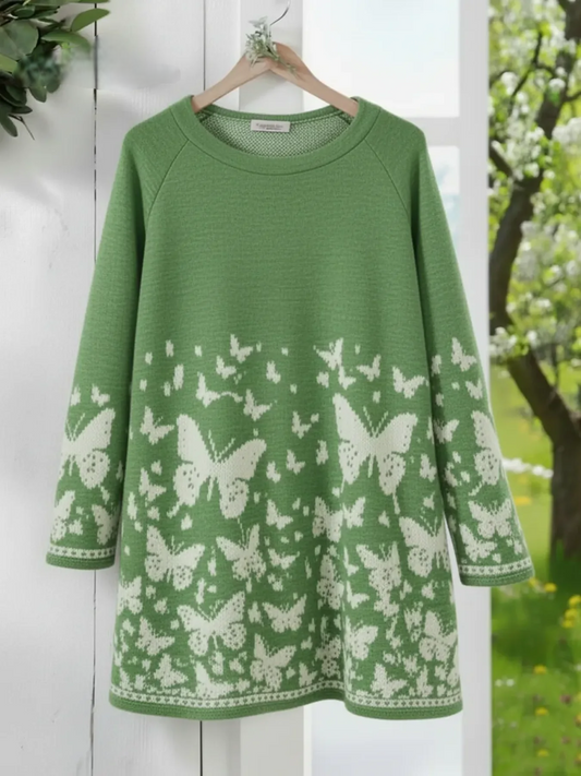 Women’s Butterfly Print Over-Hip Crew Neck Loose Sweatshirt