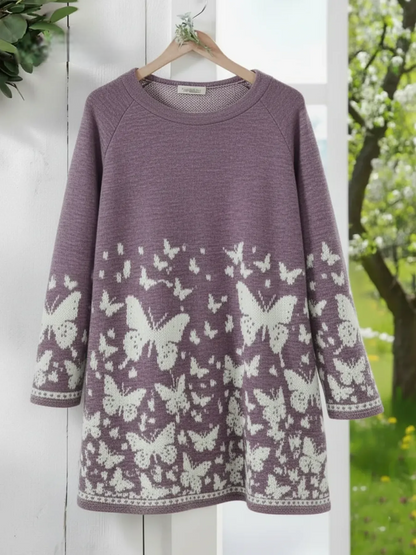 Women’s Butterfly Print Over-Hip Crew Neck Loose Sweatshirt