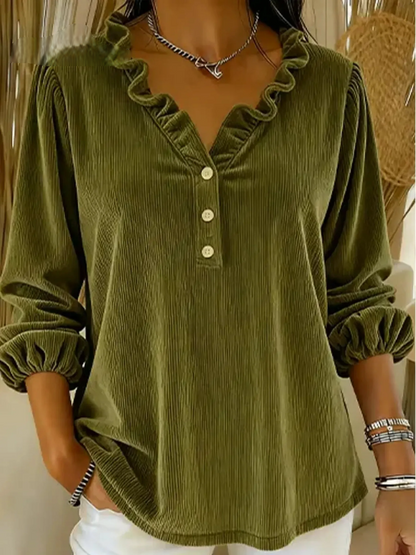 Women’s Ruffle-Collar Corduroy Trim Cotton Shirt