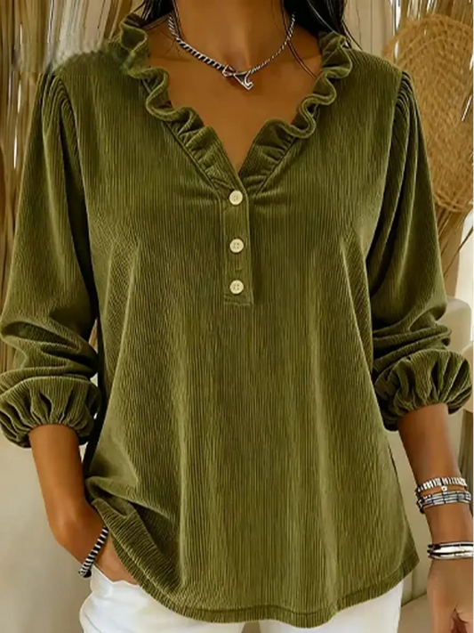 Women’s Ruffle-Collar Corduroy Trim Cotton Shirt