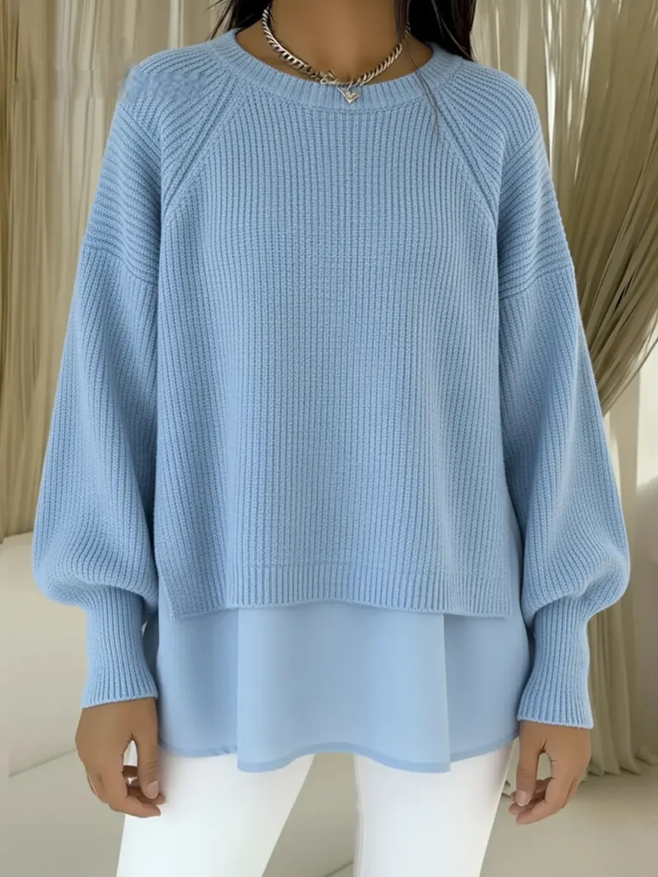 Women’s Patchwork Lantern-Sleeve Layered Knit Sweater