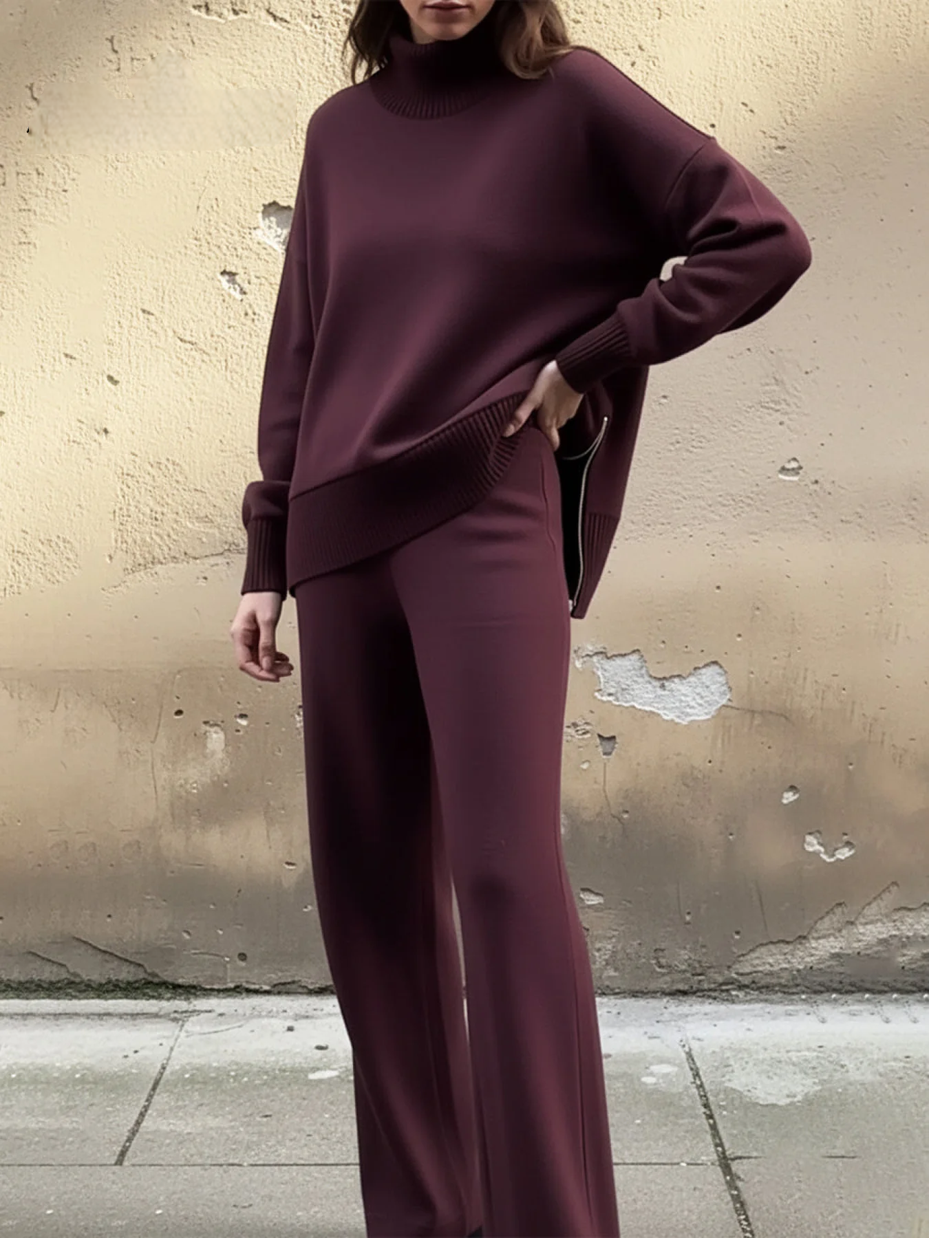 Women’s Stand-Collar Side-Zip Travel Top & Straight-Leg Trousers Set