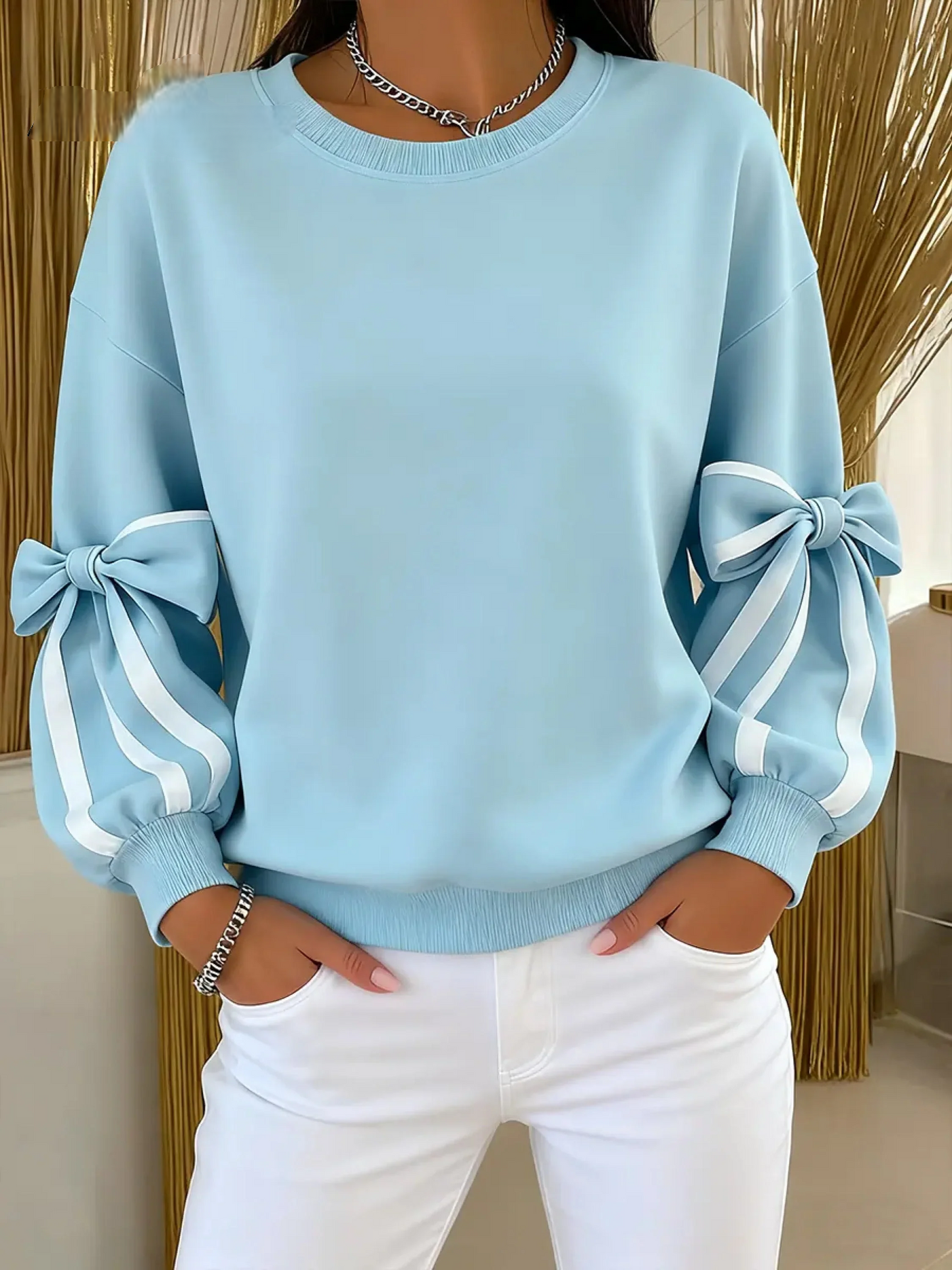 Women’s Colour-Blocked Crew Neck Bow Detail Sweatshirt