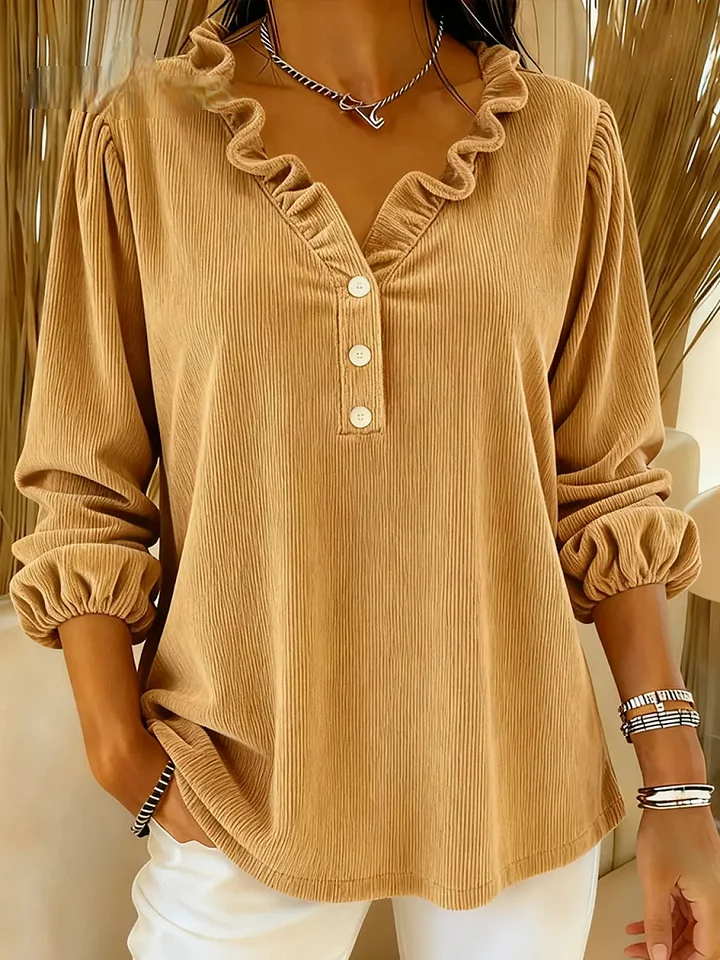 Women’s Ruffle-Collar Corduroy Trim Cotton Shirt