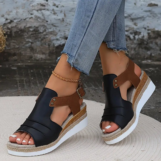 Women's Color Block Casual Sandals, Ankle Buckle Platform Wedges