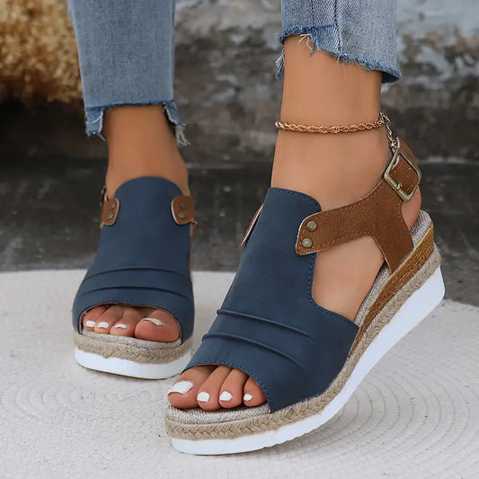 Women's Color Block Casual Sandals, Ankle Buckle Platform Wedges