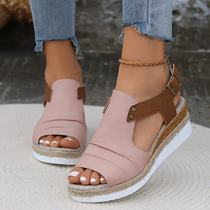 Women's Color Block Casual Sandals, Ankle Buckle Platform Wedges