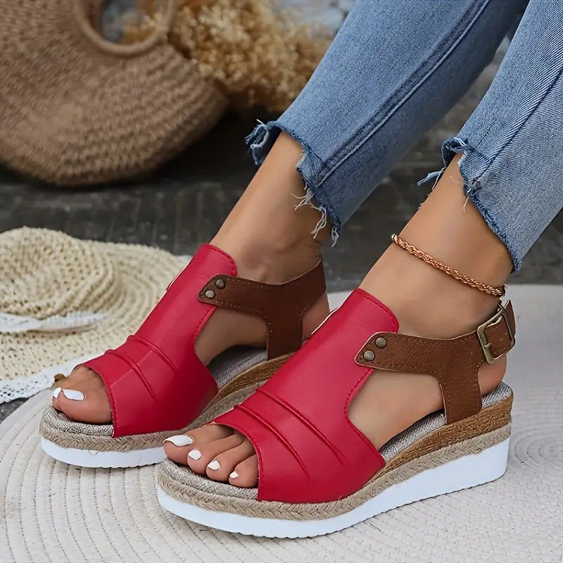 Women's Color Block Casual Sandals, Ankle Buckle Platform Wedges
