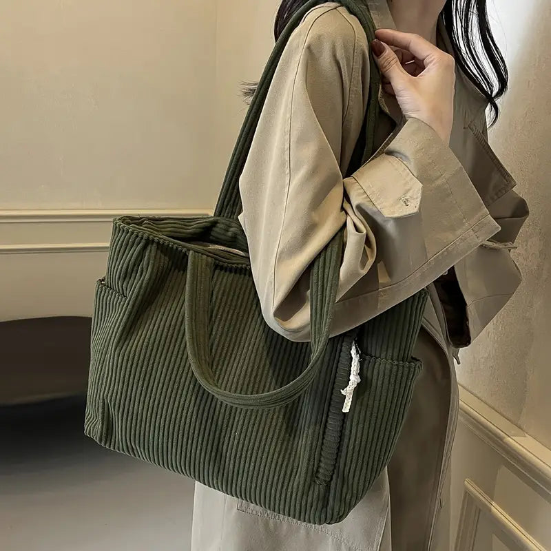 Casual Large Corduroy Tote Bag with Side Pocket & Zip Closure