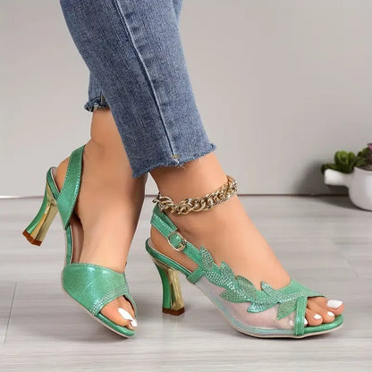 Sparkling Rhinestone Block Heel Sandals