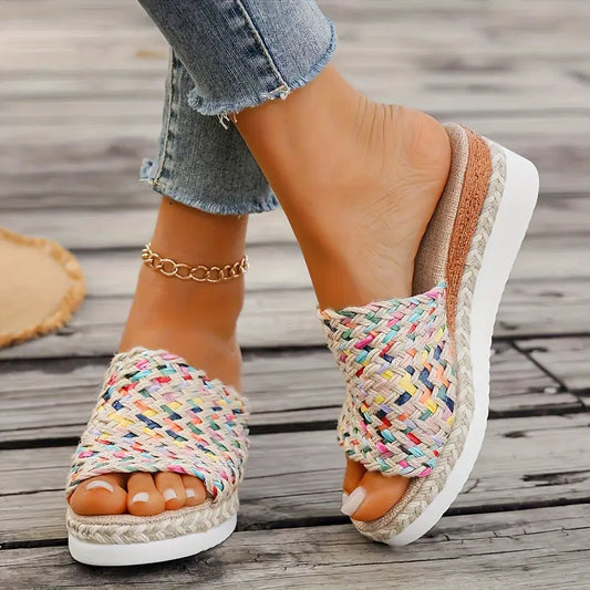 Women's Woven Straw Wedge Sandals - Summer Beach Slides