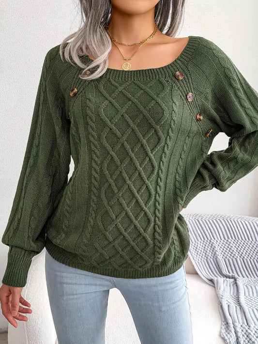 Women's Textured Button Lantern Sleeve Sweater with Round Neck