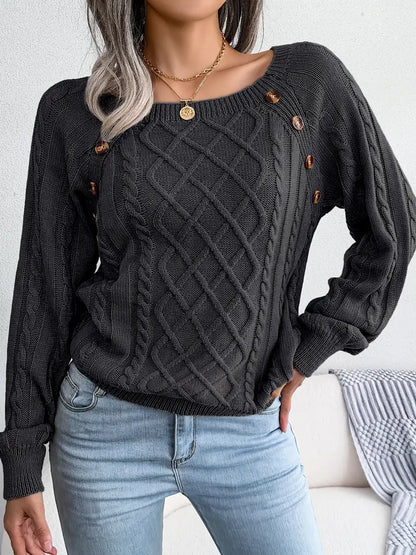 Women's Textured Button Lantern Sleeve Sweater with Round Neck