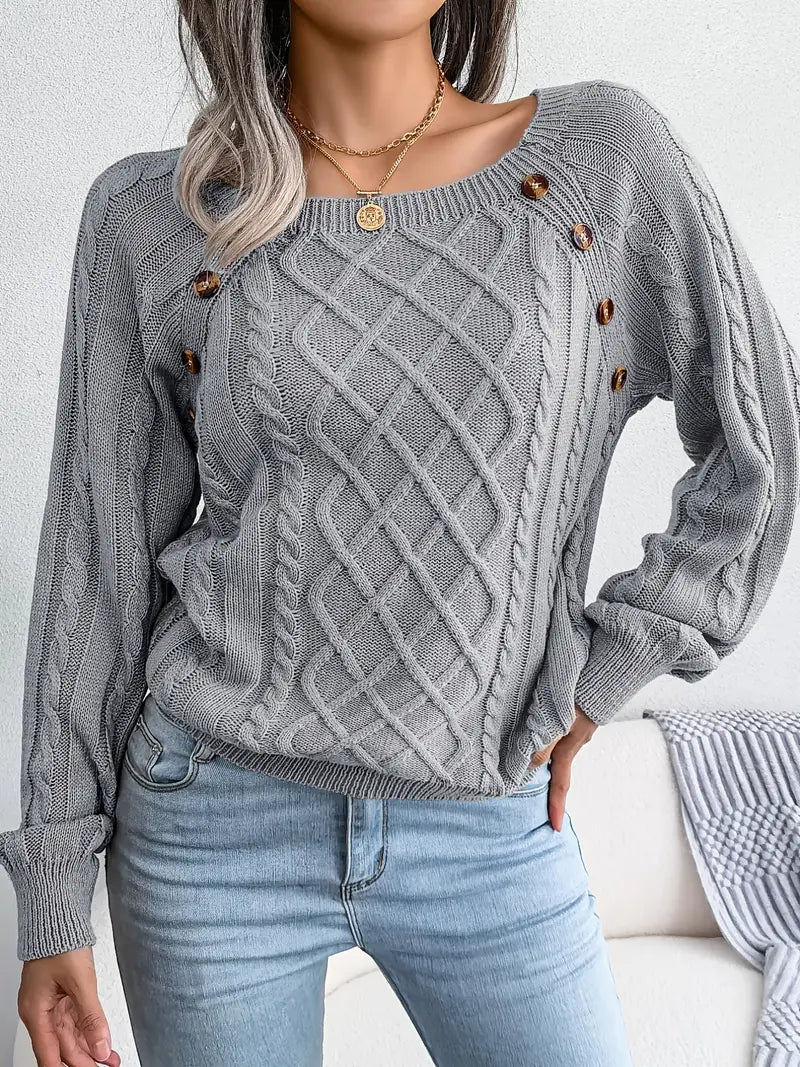 Women's Textured Button Lantern Sleeve Sweater with Round Neck