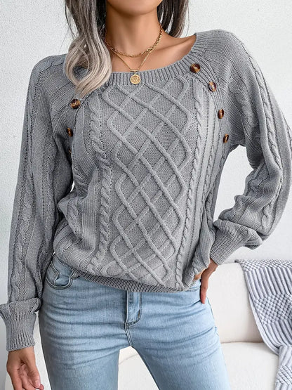 Women's Textured Button Lantern Sleeve Sweater with Round Neck