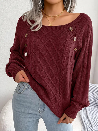 Women's Textured Button Lantern Sleeve Sweater with Round Neck