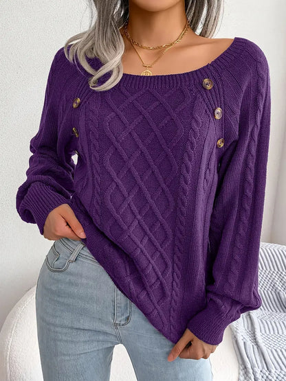 Women's Textured Button Lantern Sleeve Sweater with Round Neck