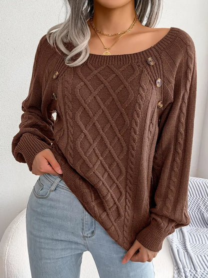 Women's Textured Button Lantern Sleeve Sweater with Round Neck