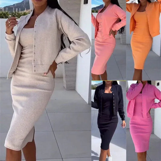 Women's Midi Dress and Cropped Cardigan Set