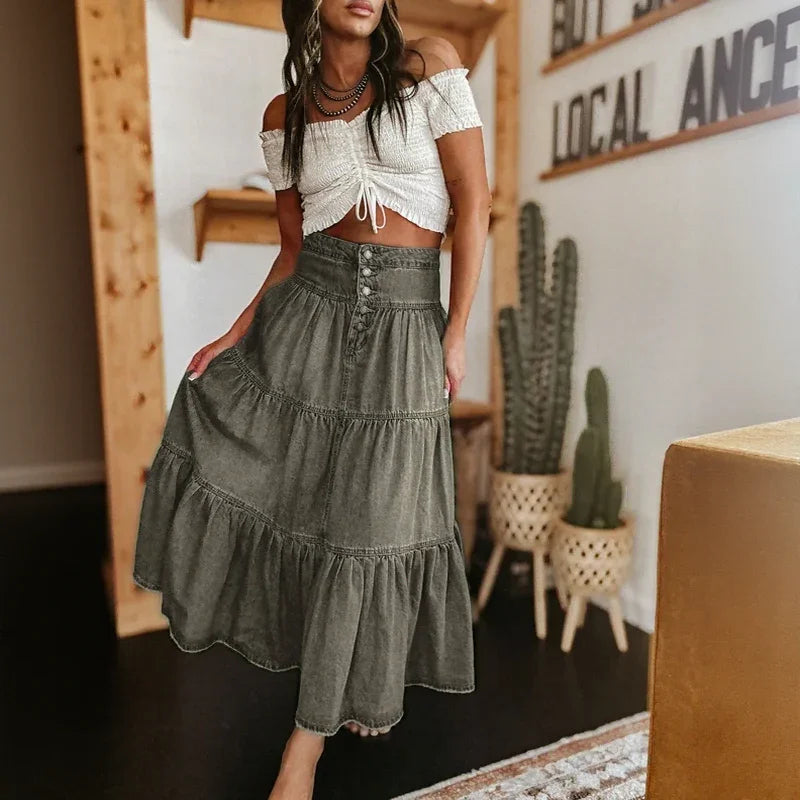Women's Washed Denim Tiered Skirt