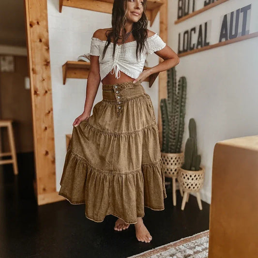 Women's Washed Denim Tiered Skirt