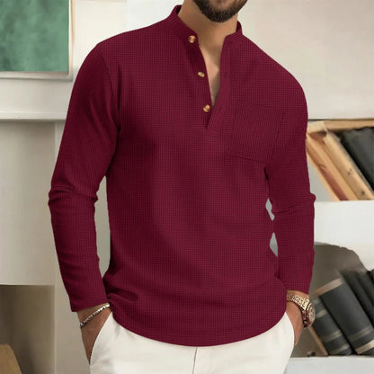 Men’s Textured Mandarin Collar Linen-Feel Shirt