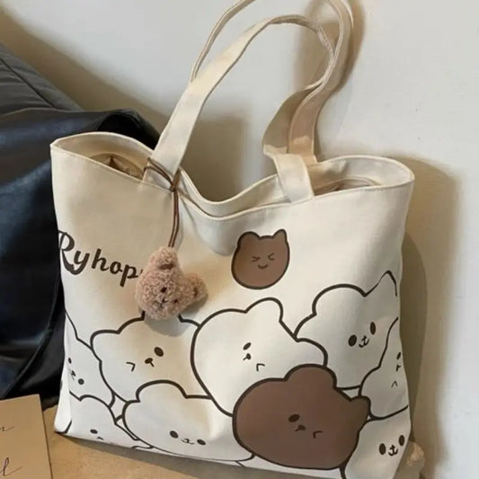 Canvas Tote Bag with Cartoon Design – Large Capacity, Zipper Closure, Versatile for School & Work