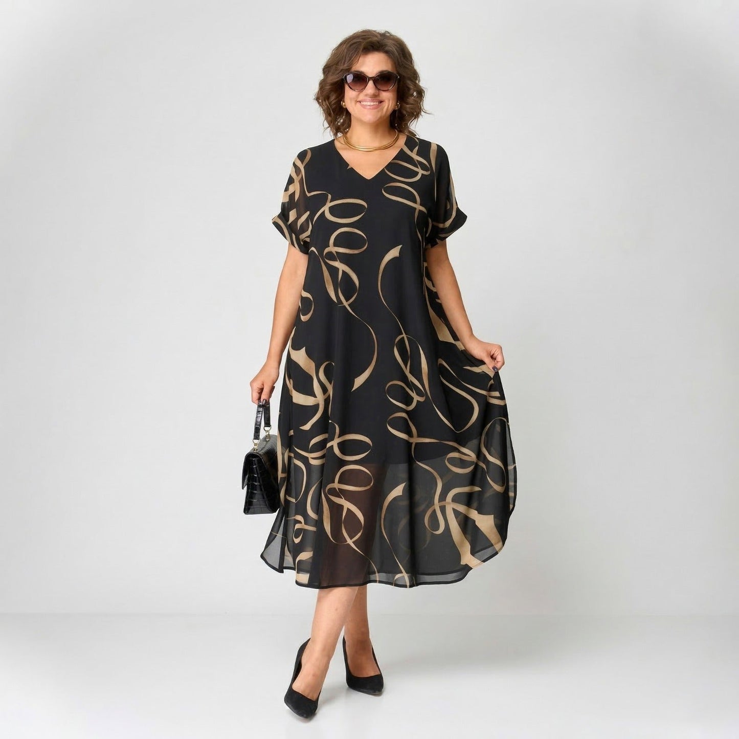 Women’s Abstract Print V-Neck Midi Dress
