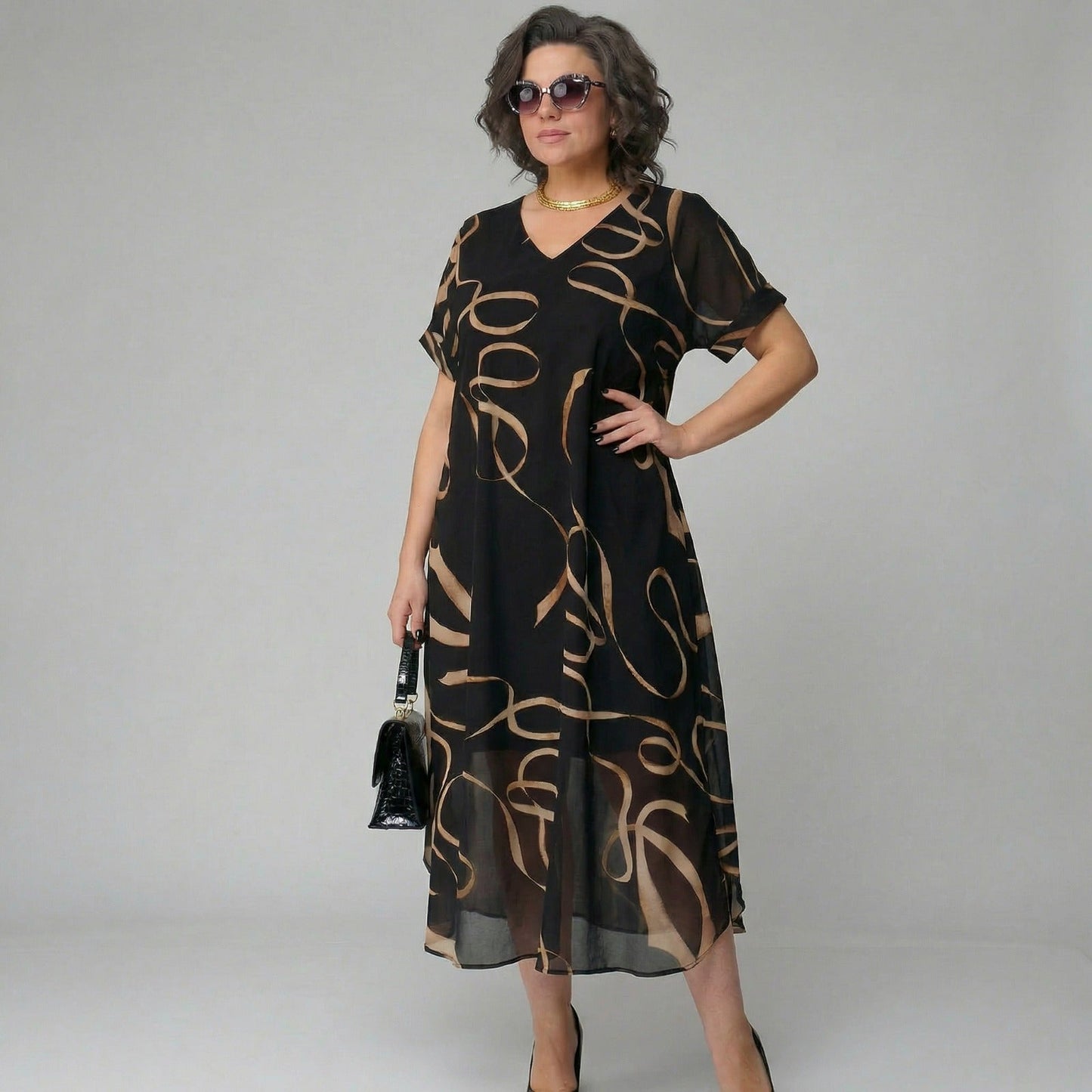 Women’s Abstract Print V-Neck Midi Dress