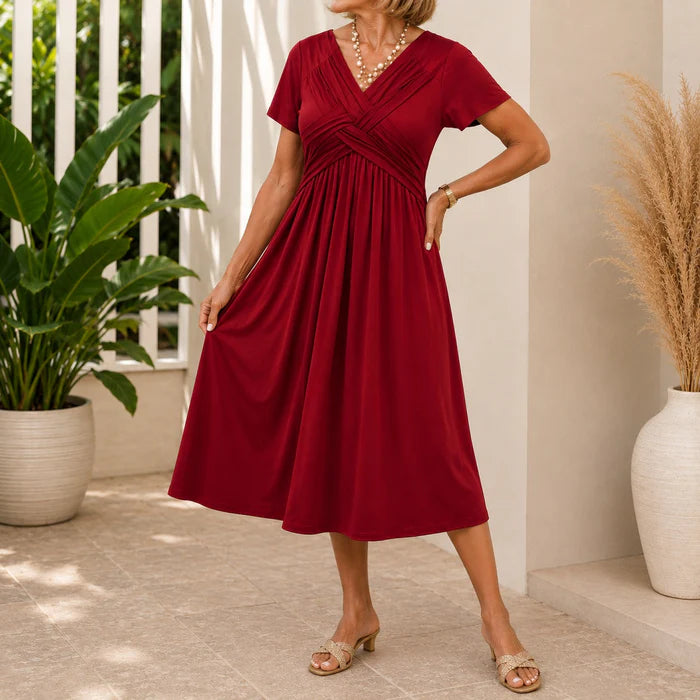 Women's V-Neck Wrap Midi Dress with Pockets