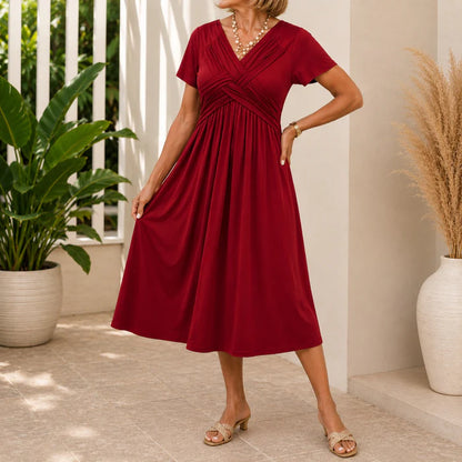 Women's V-Neck Wrap Midi Dress with Pockets