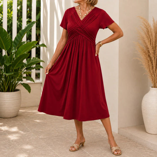 Women's V-Neck Wrap Midi Dress with Pockets