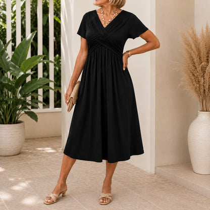 Women's V-Neck Wrap Midi Dress with Pockets