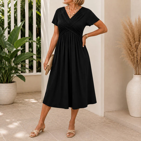 Women's V-Neck Wrap Midi Dress with Pockets