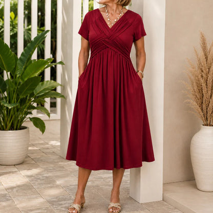 Women's V-Neck Wrap Midi Dress with Pockets
