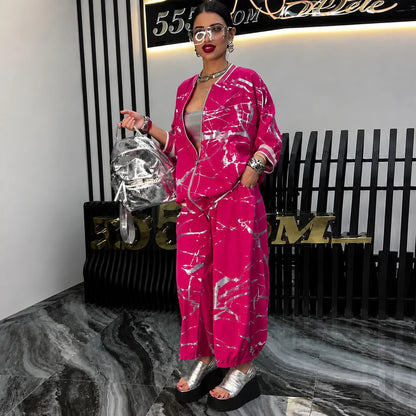 Women’s Abstract Print Bomber Jacket and Trousers Set