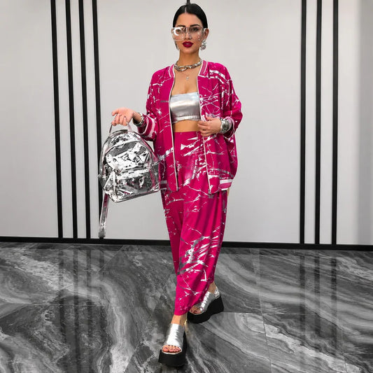Women’s Abstract Print Bomber Jacket and Trousers Set
