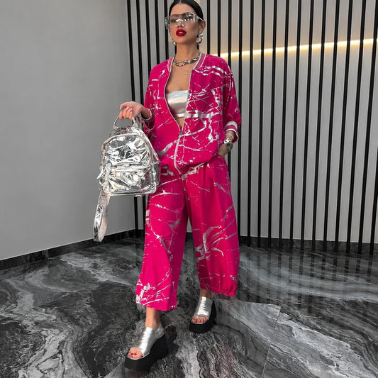 Women’s Abstract Print Bomber Jacket and Trousers Set