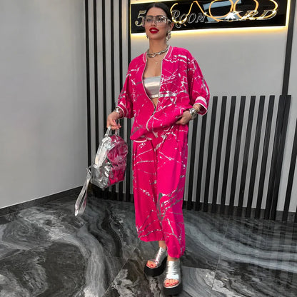 Women’s Abstract Print Bomber Jacket and Trousers Set