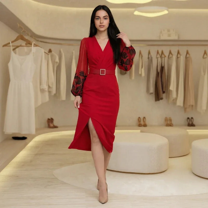 Women’s Cross-Over Neckline Belted Dress