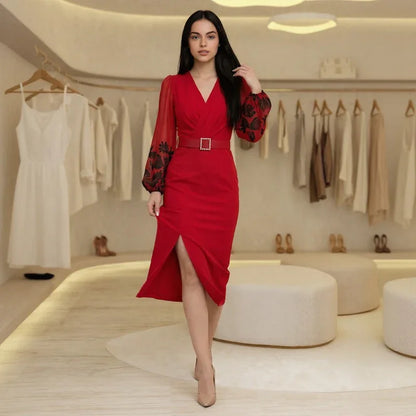 Women’s Cross-Over Neckline Belted Dress