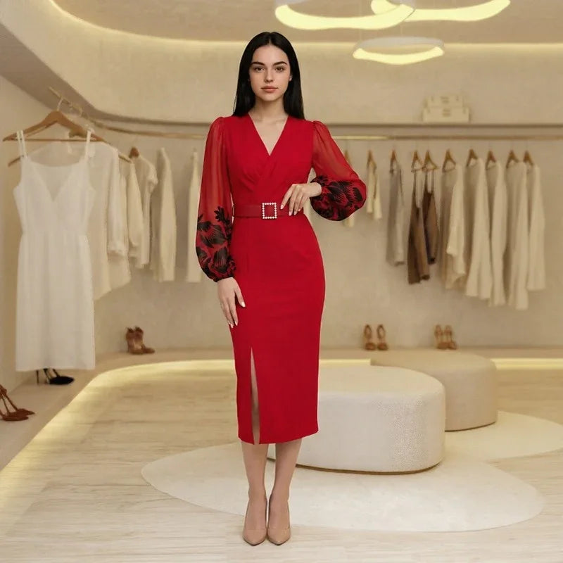 Women’s Cross-Over Neckline Belted Dress