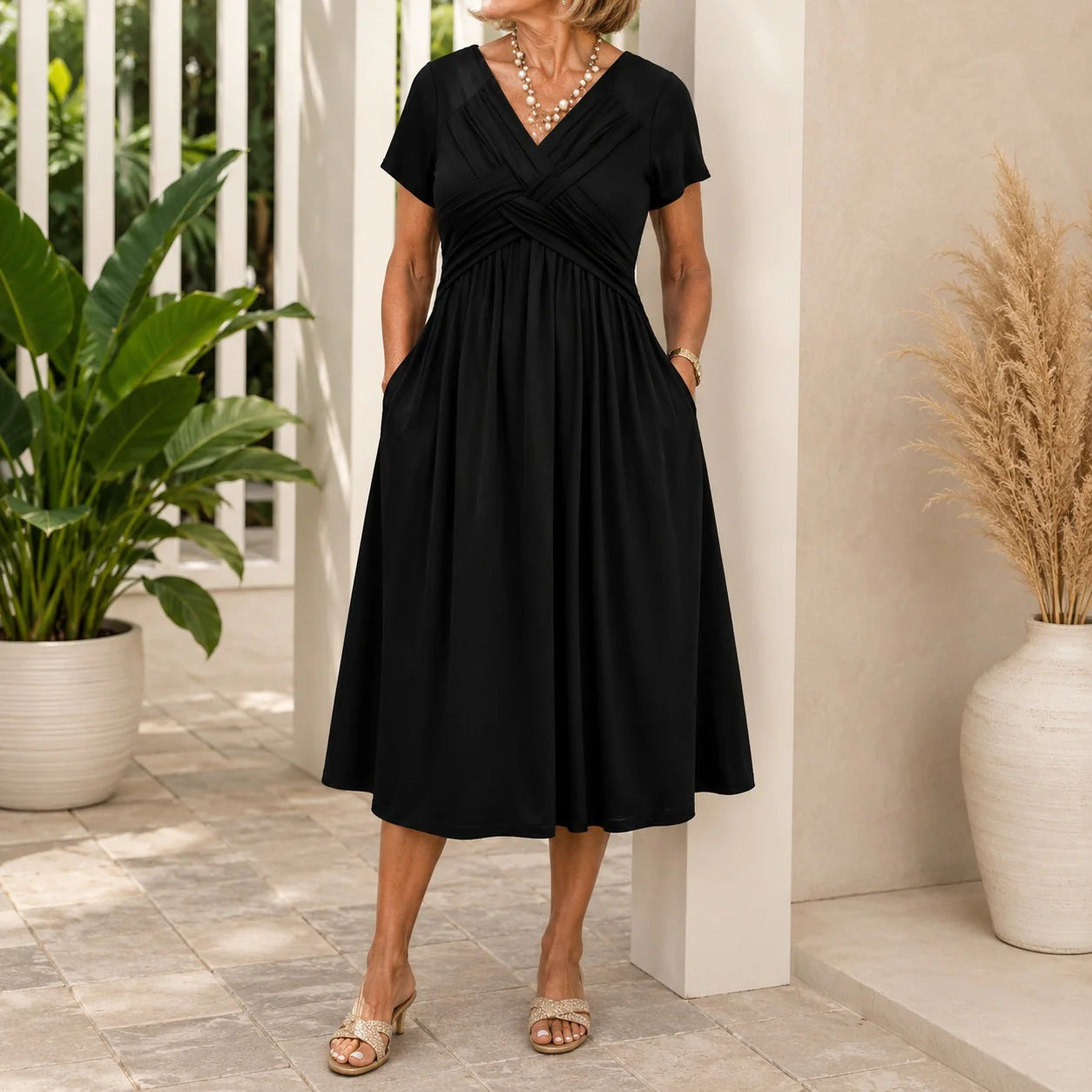 Women's V-Neck Wrap Midi Dress with Pockets